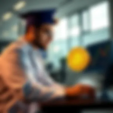 A newly graduated doctor looks thoughtful while examining a Bitcoin chart on a laptop, contemplating his financial decisions.