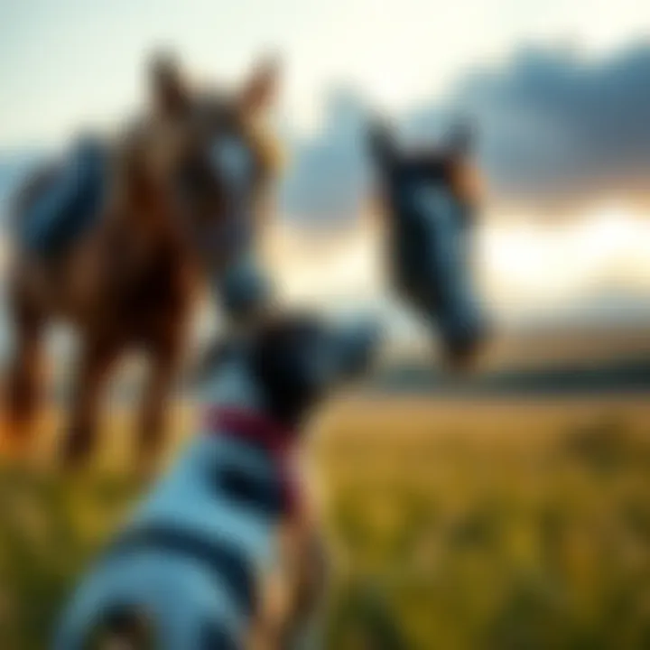 A dog curiously approaching a horse in a grassy field