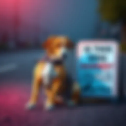 A dog sitting next to a warning sign about dog breed restrictions