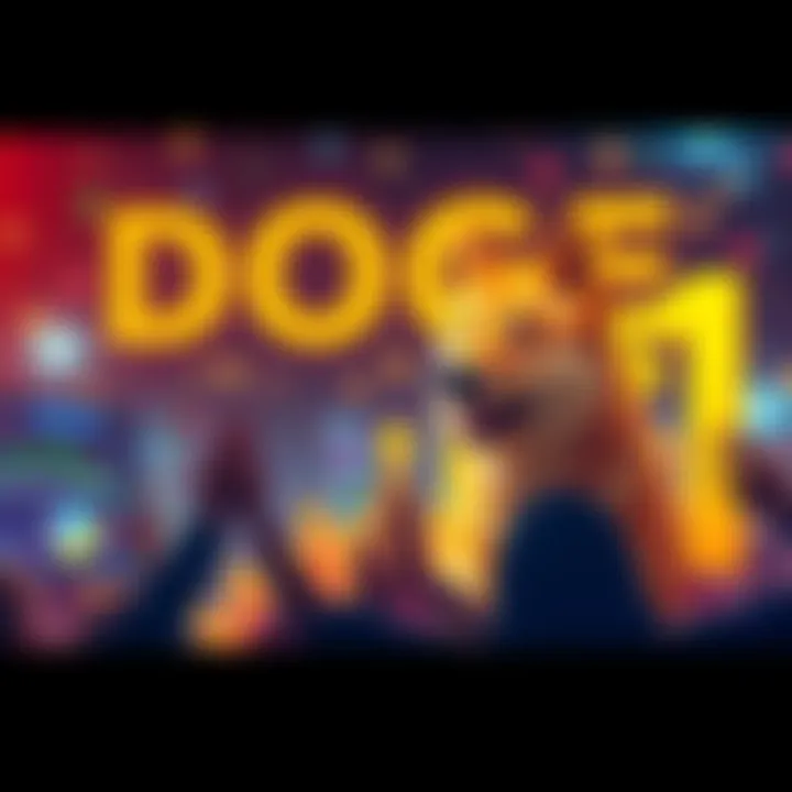 Chart showing DOGE price approaching $1 with excited traders and digital assets in the background