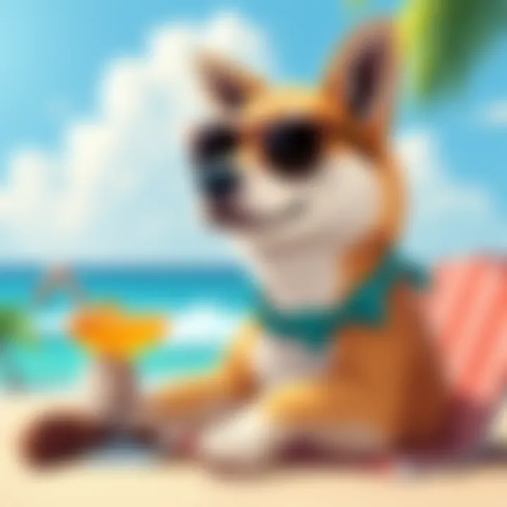 Doge on a Beach Vacation A cartoon Doge dog relaxing on a beach with sunglasses and a drink, enjoying summer while the market waits for the next rally.