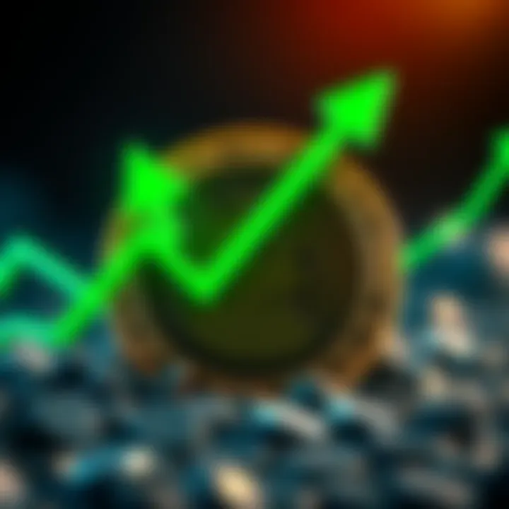 A Doge Coin symbol with a green upward arrow, symbolizing stability and growth in value.