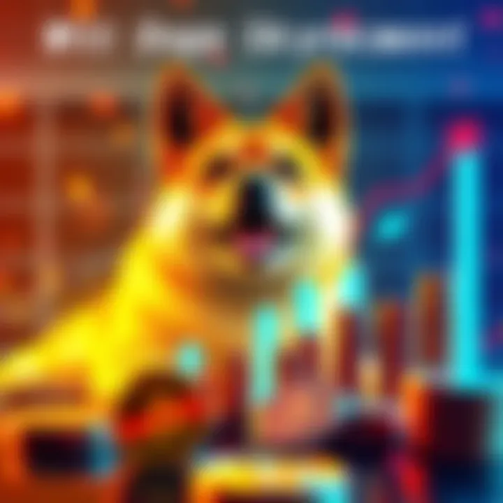A visual representation of Doge coin with rising graphs and cryptocurrency symbols, indicating investment potential.