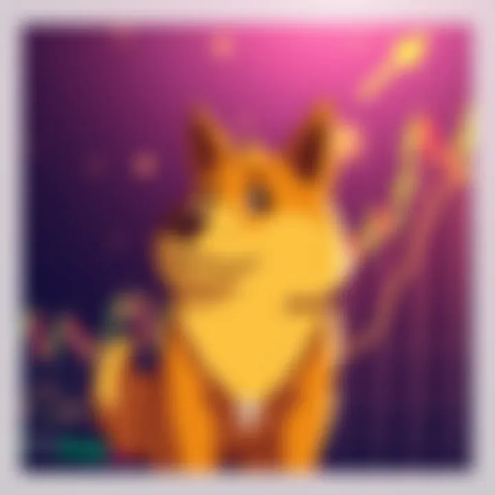 A cartoon dog representing Doge with a rising price chart in the background, symbolizing predictions for its future value.