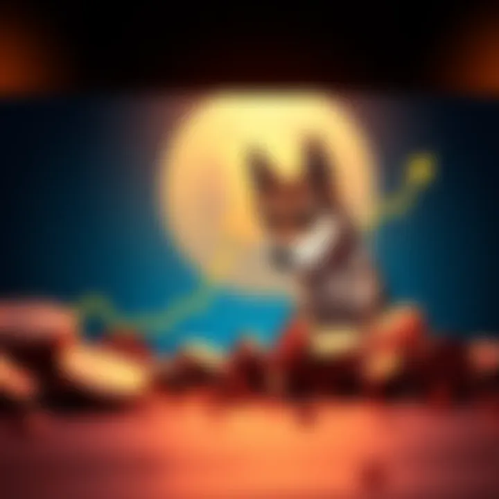 Graph showing the rise of DOGE coin value towards $1 with a rocket symbol illustrating growth.