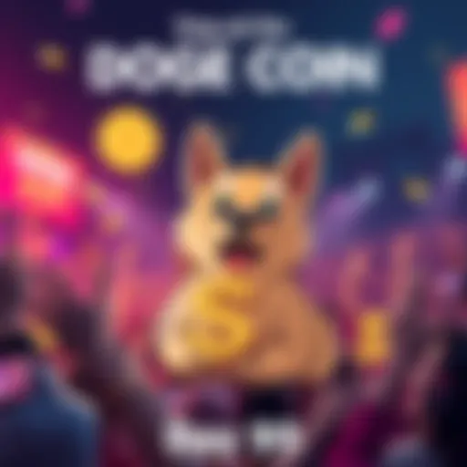 Graphic showing a cartoon dog with a dollar sign, symbolizing the push for Doge Coin to reach $1, surrounded by excited fans sharing updates.