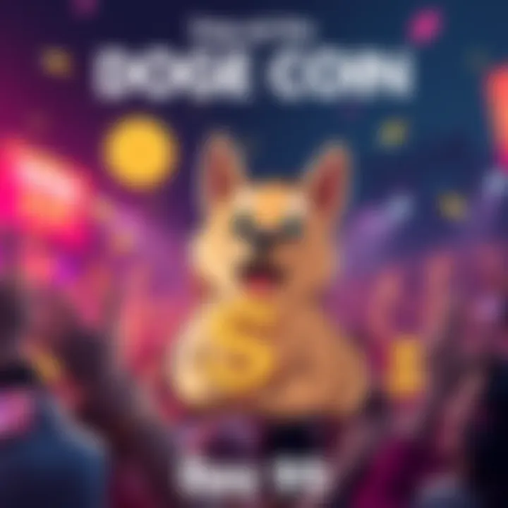 Graphic showing a cartoon dog with a dollar sign, symbolizing the push for Doge Coin to reach $1, surrounded by excited fans sharing updates.