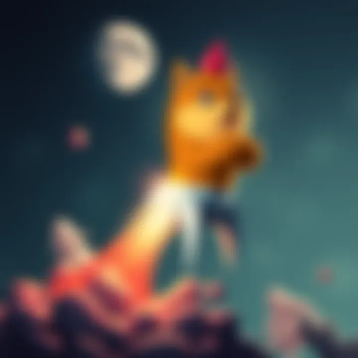 A cartoon rocket labeled Doge launching into space with a full moon in the background