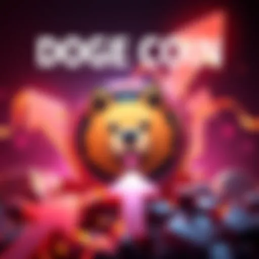 A graphic showing Doge Coin logo with arrows pointing upwards, indicating a price surge.