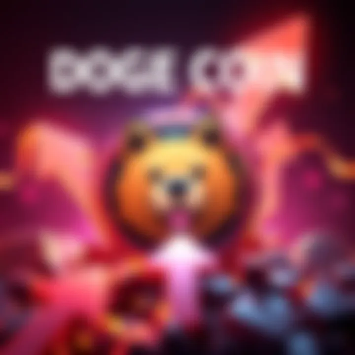 A graphic showing Doge Coin logo with arrows pointing upwards, indicating a price surge.