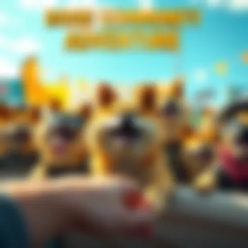 A group of excited Doge fans gathering for a fun outdoor event, with banners and smiles all around.