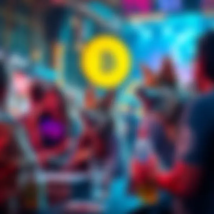 A lively gathering of DOGE holders sharing laughs and discussions at a local event, showcasing a vibrant community atmosphere centered around cryptocurrency.