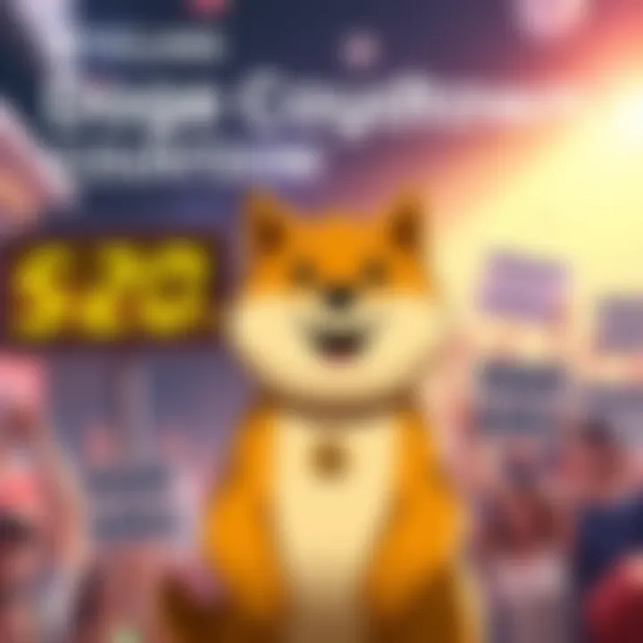 A cheerful dog character representing Doge, with a large countdown clock displaying days and a graph showing upward trends, alongside excited supporters holding signs for Doge's price target.