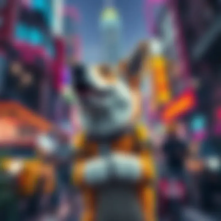 Doge character in a colorful GTA 6 scene, looking excited amidst urban chaos