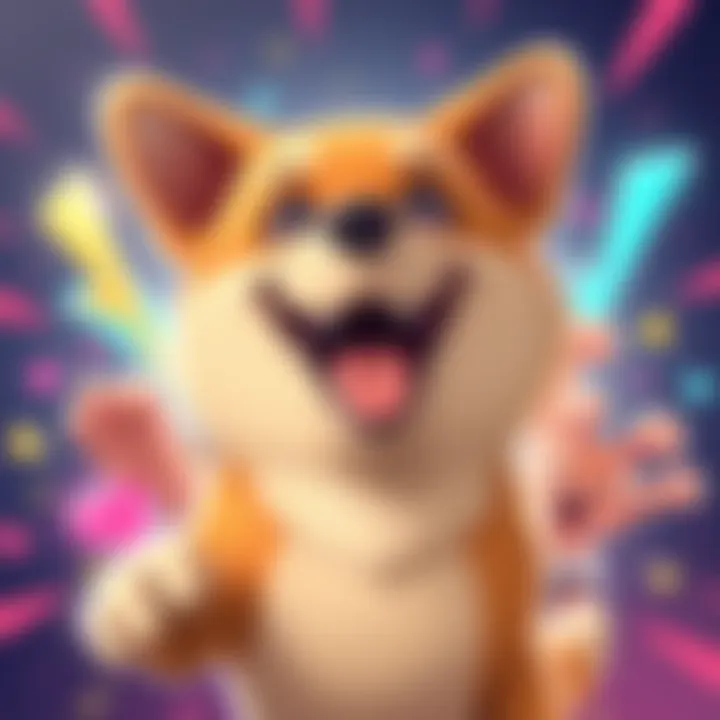 A cartoon dog with a happy expression, surrounded by colorful graphics representing excitement and hype