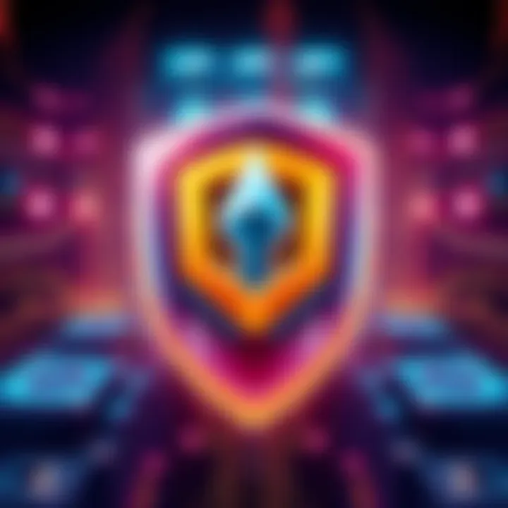 Illustration showing a digital shield protecting the DOGE logo, with mining equipment in the background and visual elements representing hashrate distribution.