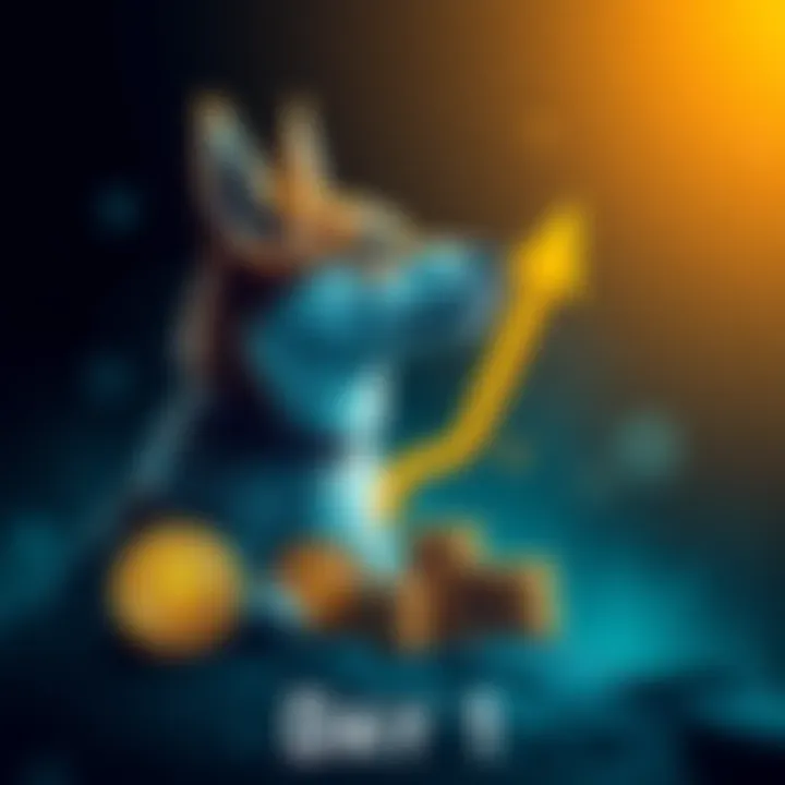 A graphic showing a dog with a rising arrow and coins, symbolizing DOGE's journey to reach 1 cent