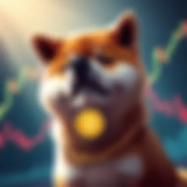 A playful Shiba Inu dog representing the Dogecoin cryptocurrency with a worried expression, surrounded by financial graphs showing a downward trend.
