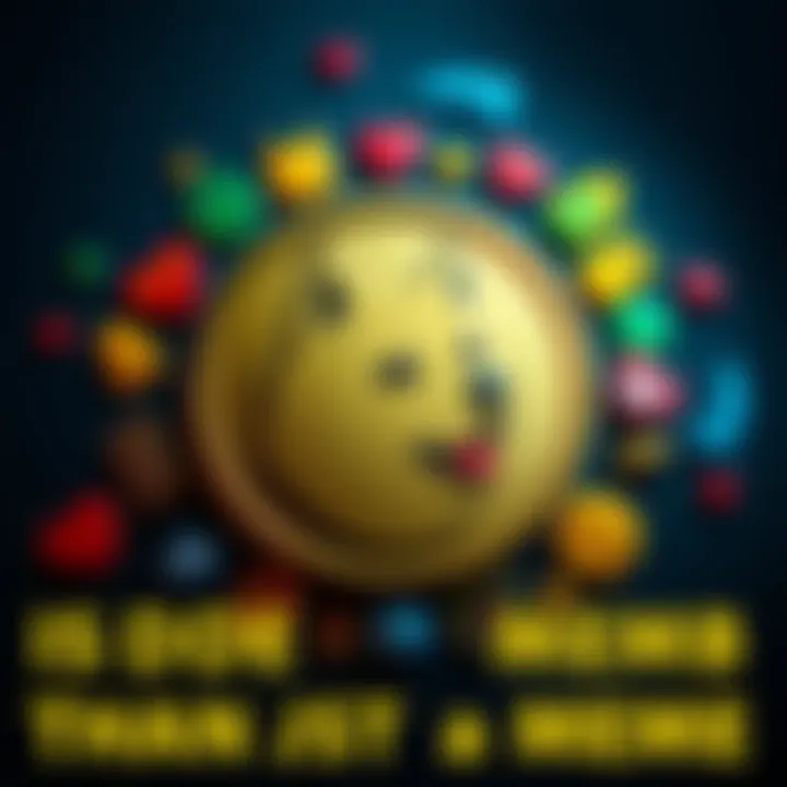 The Dogecoin logo surrounded by various community symbols representing support and engagement, illustrating its popularity and resilience over time.