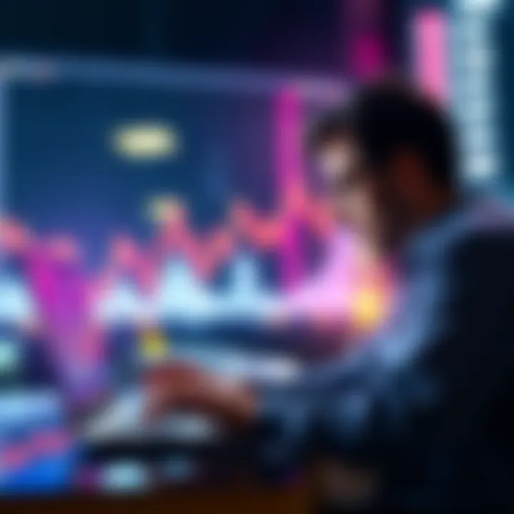 A person looking at fluctuating cryptocurrency charts on a laptop, contemplating whether to hold or sell Dogecoin.