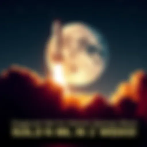 A rocket with the Dogecoin logo heading towards the moon with stars in the background
