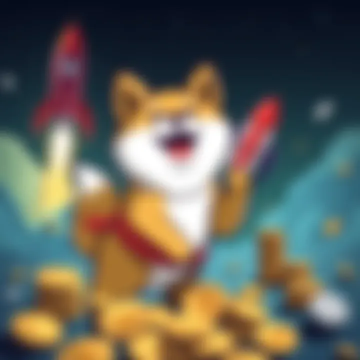A playful Shiba Inu dog representing Dogecoin, surrounded by coins and a rocket in the background, symbolizing its rise in popularity as a meme coin in 2026.