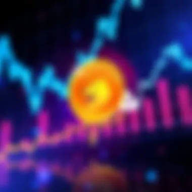 A graphic showing a declining trend in Dogecoin prices with a dog symbol
