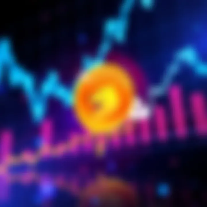 A graphic showing a declining trend in Dogecoin prices with a dog symbol