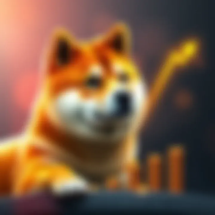 Dogecoin logo featuring a Shiba Inu dog alongside a graph showing an upward trend in cryptocurrency values