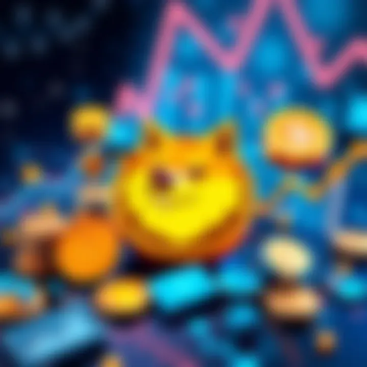 A vibrant Dogecoin logo surrounded by various business symbols like charts and coins, representing its popularity in the business world.