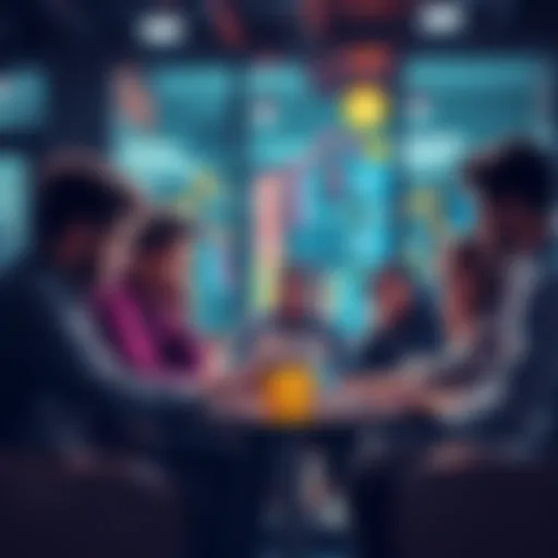 A group of people discussing Dogecoin with laptops and phones in a casual setting