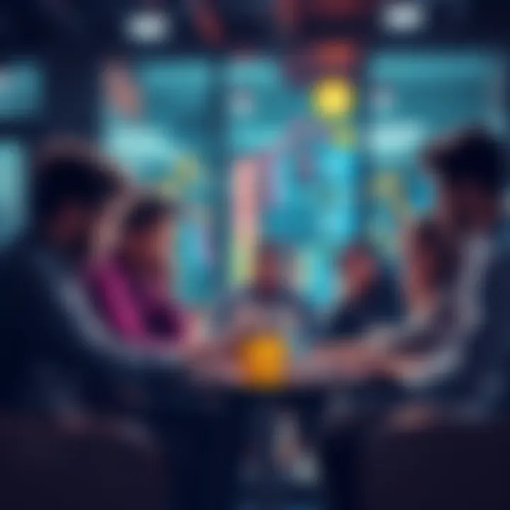 A group of people discussing Dogecoin with laptops and phones in a casual setting