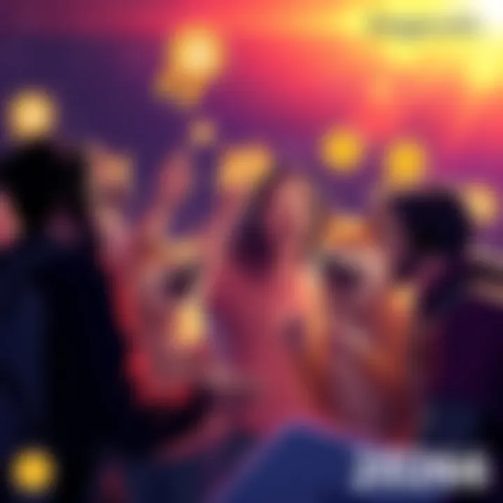 A group of Dogecoin enthusiasts celebrating and discussing future plans, with Dogecoin logos and graphics in the background.