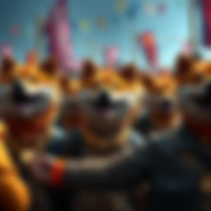 A lively gathering of people celebrating Dogecoin with Shiba Inu costumes and coins, showcasing fun and camaraderie.