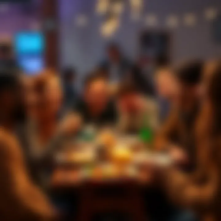Members of the Dogecoin community enjoying lunch together, laughing and sharing stories in a casual setting.