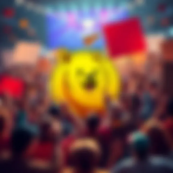 A vibrant Dogecoin logo surrounded by excited people holding signs and celebrating. The atmosphere is lively, showcasing the community's enthusiasm for Dogecoin.
