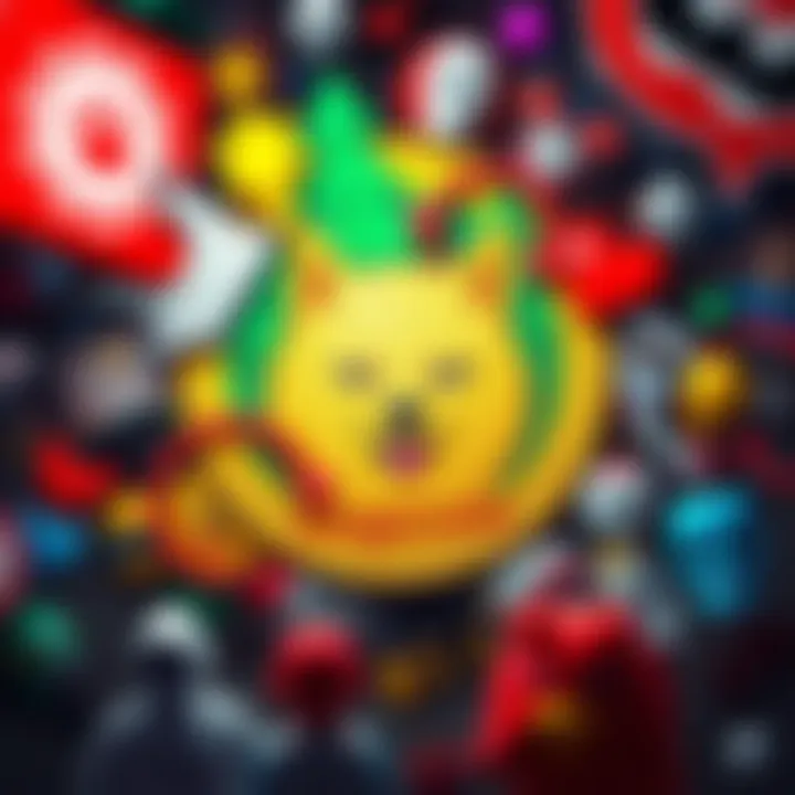 A vibrant representation of the Dogecoin symbol surrounded by fun memes and community icons, showcasing its lively culture.