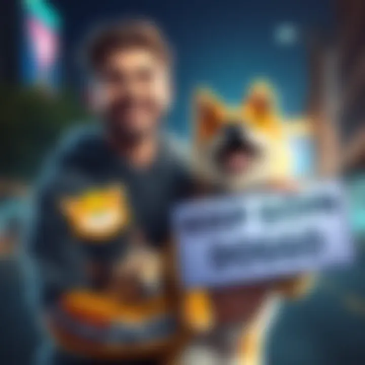 A happy person holding a Dogecoin sign next to a playful dog, showing excitement for Dogecoin