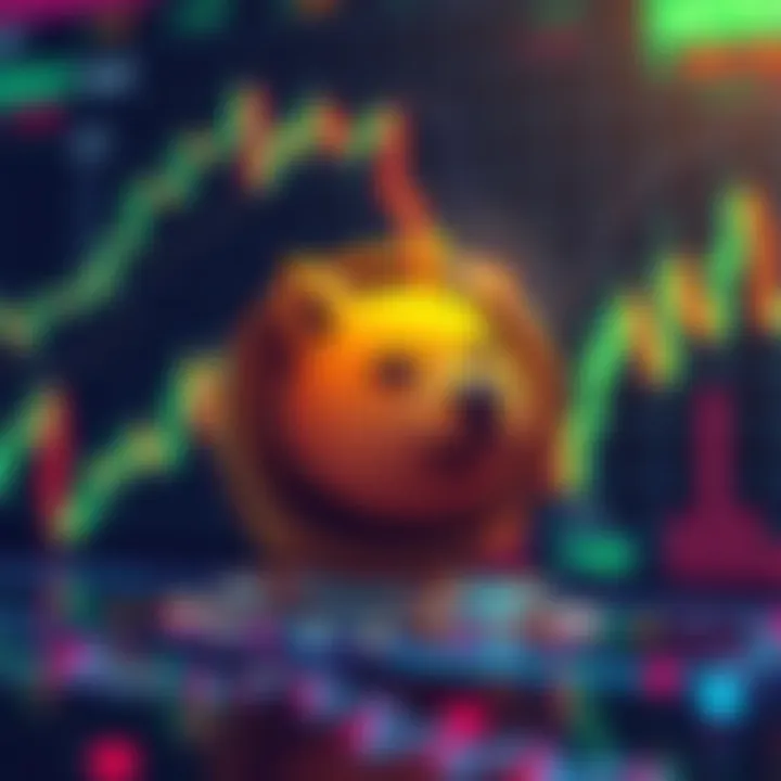 Illustration of a Dogecoin symbol with investment charts and graphs in the background, signifying the launch of a Dogecoin ETF.