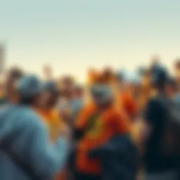 A group of Dogecoin enthusiasts enjoying an outdoor event with Dogecoin merchandise and cryptocurrency discussions.