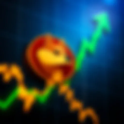 A Dogecoin logo on a green graph showing upward trends, symbolizing investor patience during market dips