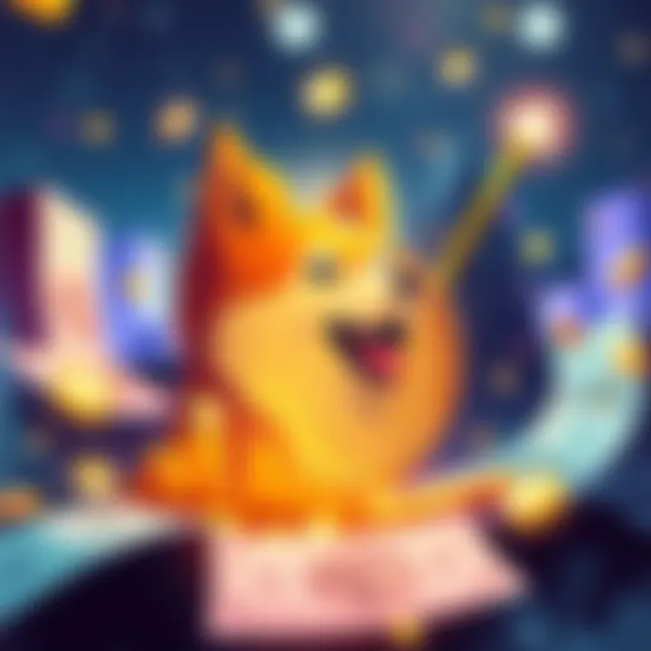 Illustration showing a Dogecoin coin with a rising graph and dollar bills, symbolizing investment hopes.