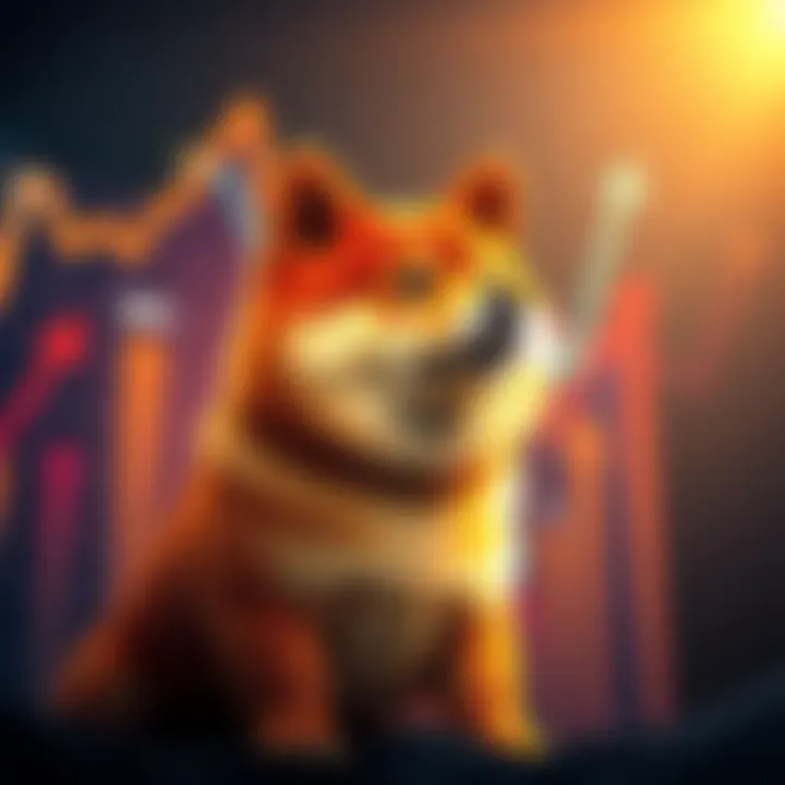 A golden Shiba Inu dog representing Doge Coin, surrounded by upward arrows and charts signifying a 300 times growth in cryptocurrency.