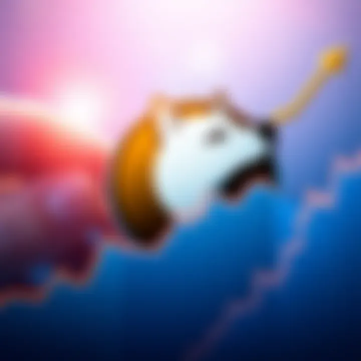 Dogecoin logo in front of a rising financial chart, symbolizing potential growth in value.