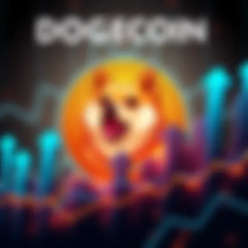 A graphic showing the potential growth of Dogecoin with upward trend arrows and a Dogecoin logo in the background.