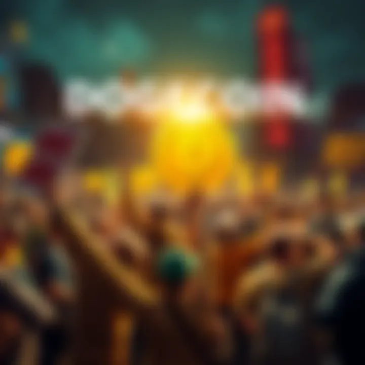 A group of Dogecoin supporters holding signs and rallying for action to boost the currency, showing determination and hope for market movement