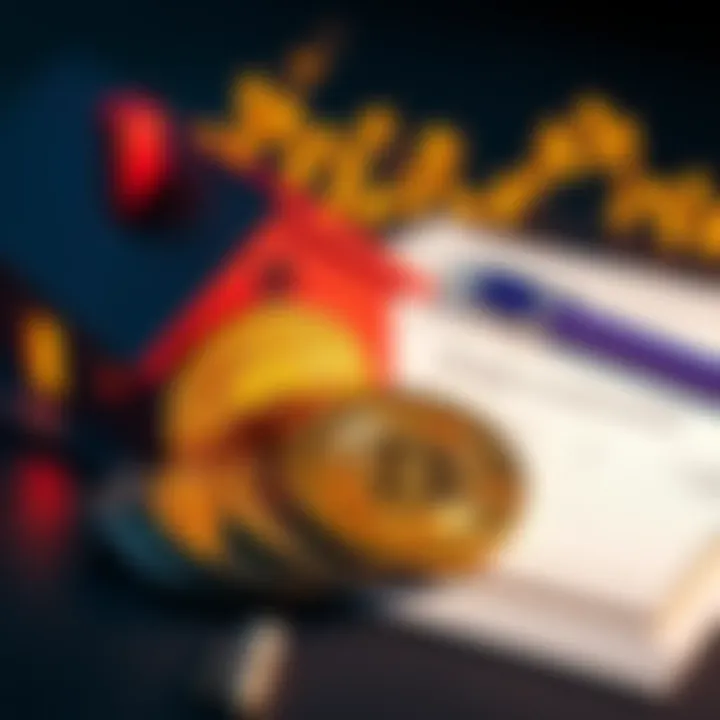 A digital representation of Dogecoin coins next to a house and loan documents, symbolizing cryptocurrency use in real estate.