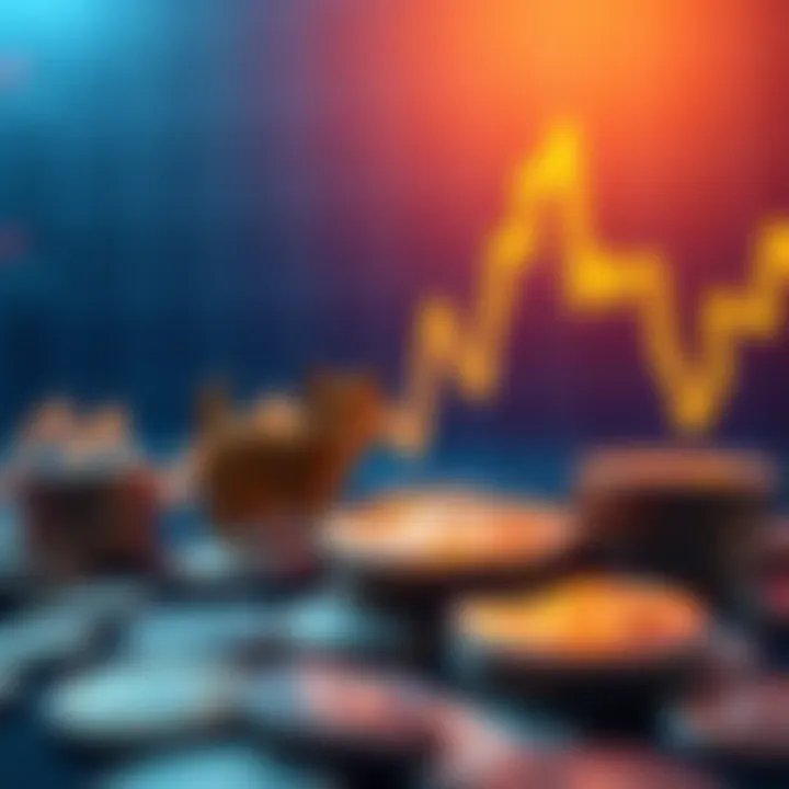 A graph showing an upward trend in Dogecoin prices with coins in the foreground, symbolizing investment growth.