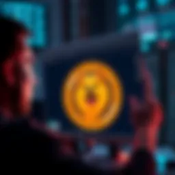 A person looking at a Dogecoin graphic on a computer screen, showing concern about potential losses while investing.