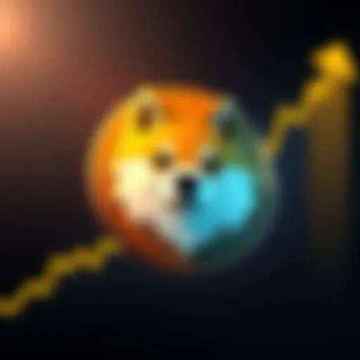 A Dogecoin logo with a rising chart background indicating growth